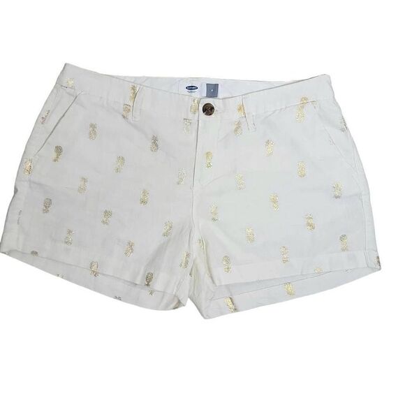 Old Navy Gold Foil Pineapple Linen Shorts Cream Ivory 6 - Picture 1 of 12